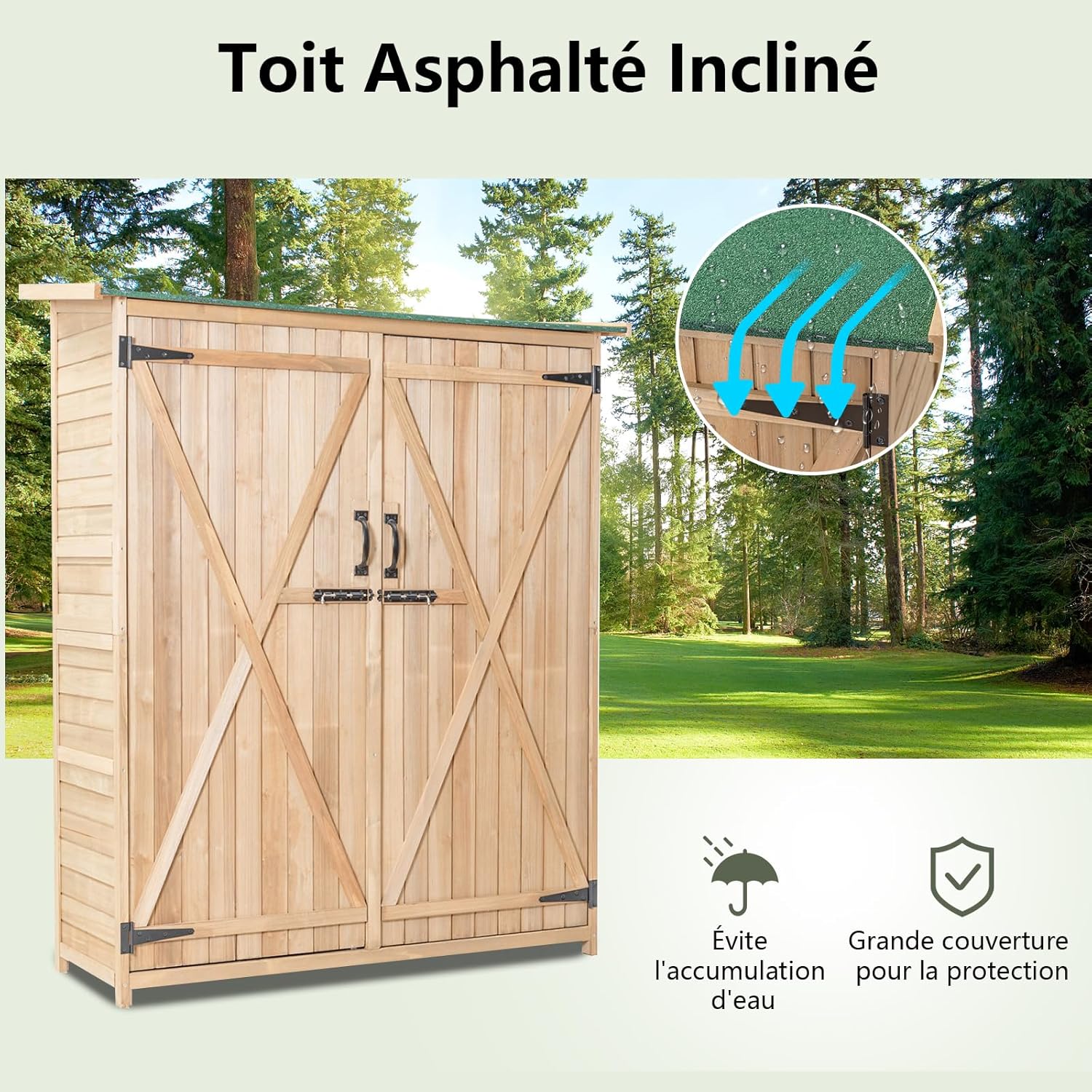 RELAX4LIFE Abri de Jardin en Bois 140x50x162 cm, Abri à Outils avec Toit en Asphalte Incliné, Portes et Étagères Double Fermeture, Meuble de Rangement pour Extérieur Arrière-Cour Patio Pelouse