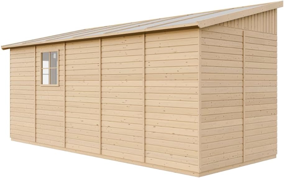 TIMBELA M341 Abri de Jardin en Bois Naturel (sans paroi latérale)- Stockage extérieur avec fenêtres- H244x216x513 cm/10 m2, Hangar en Bois Naturel - Atelier Rangement Outils et vélos The Forest Stewardship Council