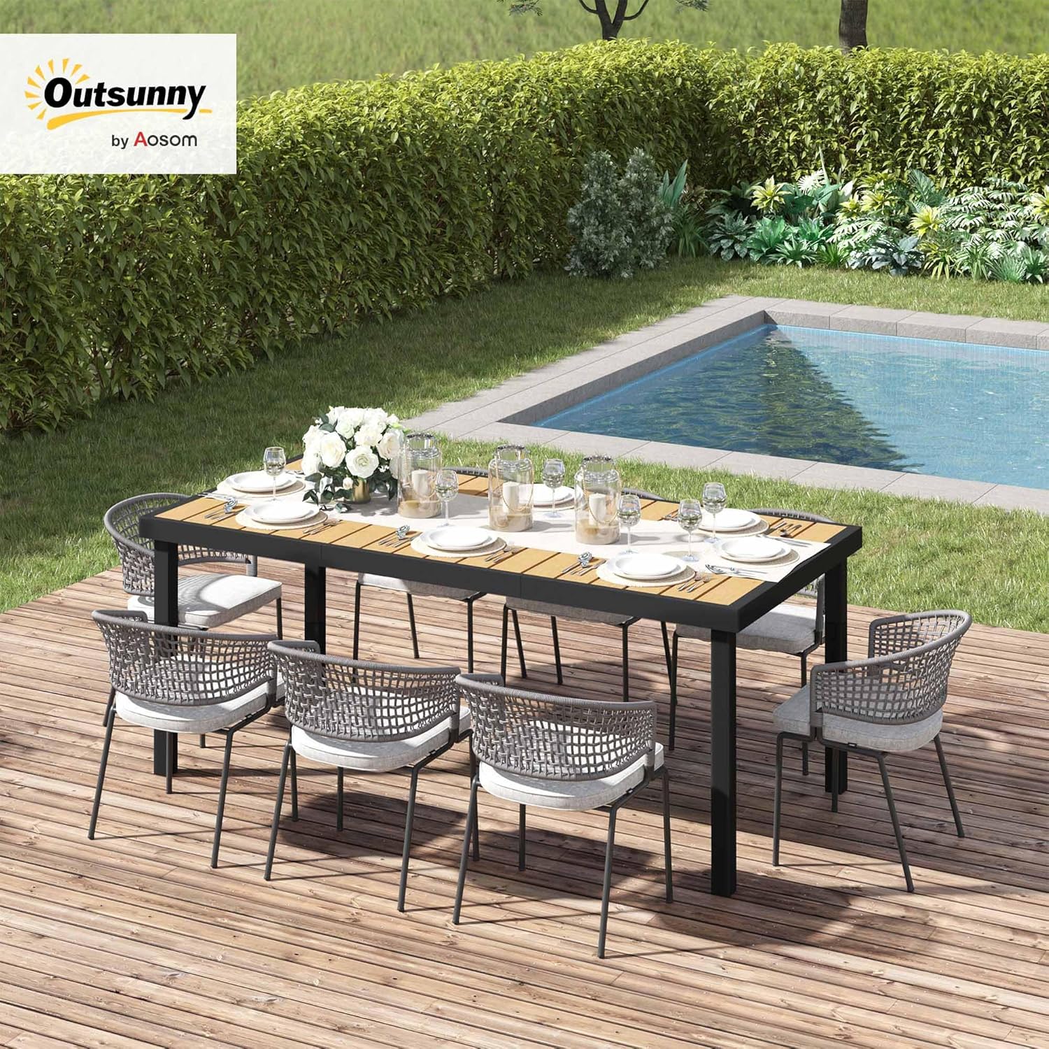 Outsunny – Table de jardin pour 8, 190x90x74 cm, aluminium, bois naturel