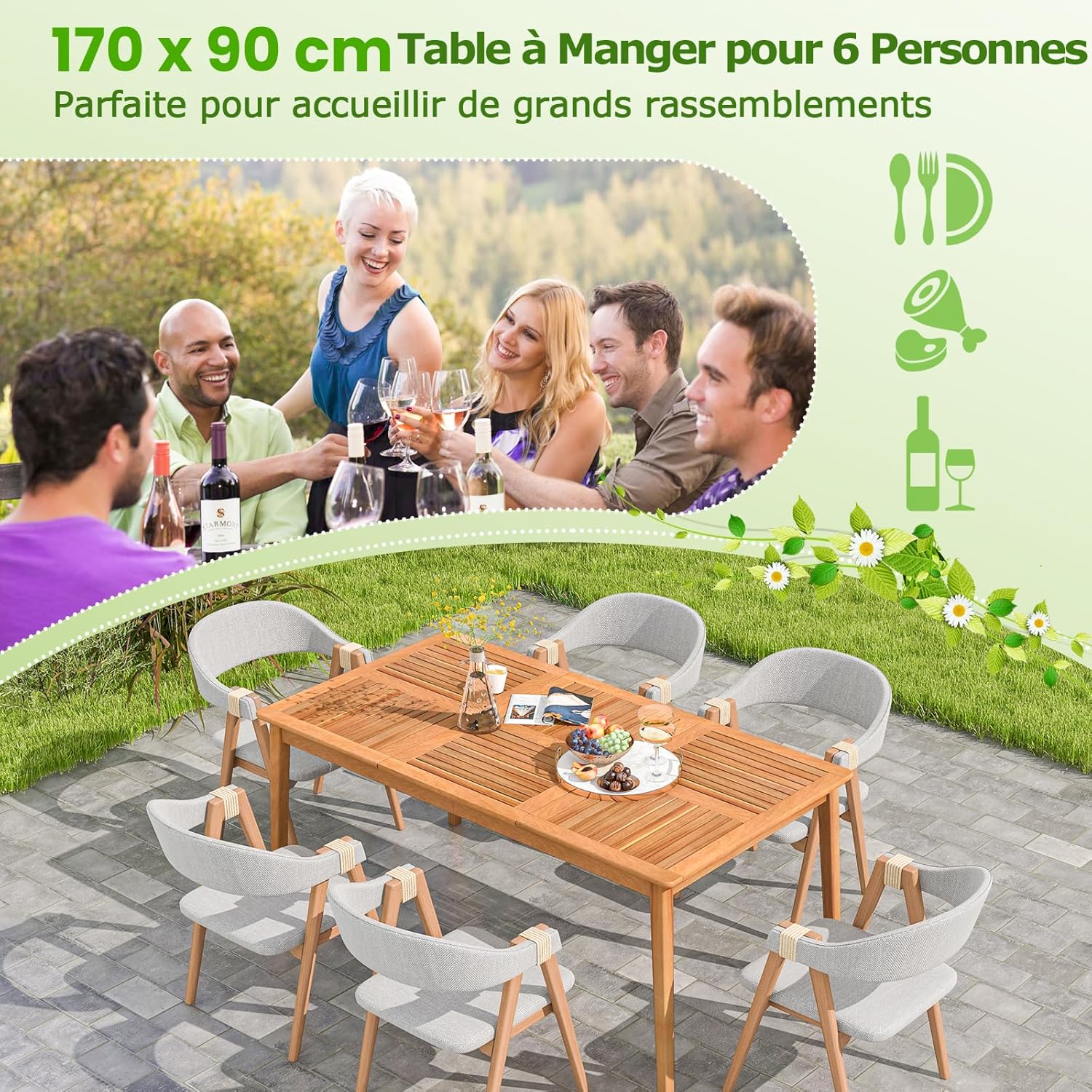 Costway - Table en bois d’Acacia, 170x90 cm, trou pour parasol 5 cm, 6 personnes