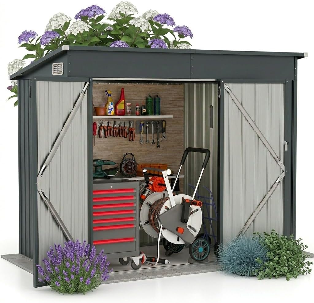 GOPLUS - abri de jardin métal - 238x119x187cm - porte, aérations, toit pente, gris
