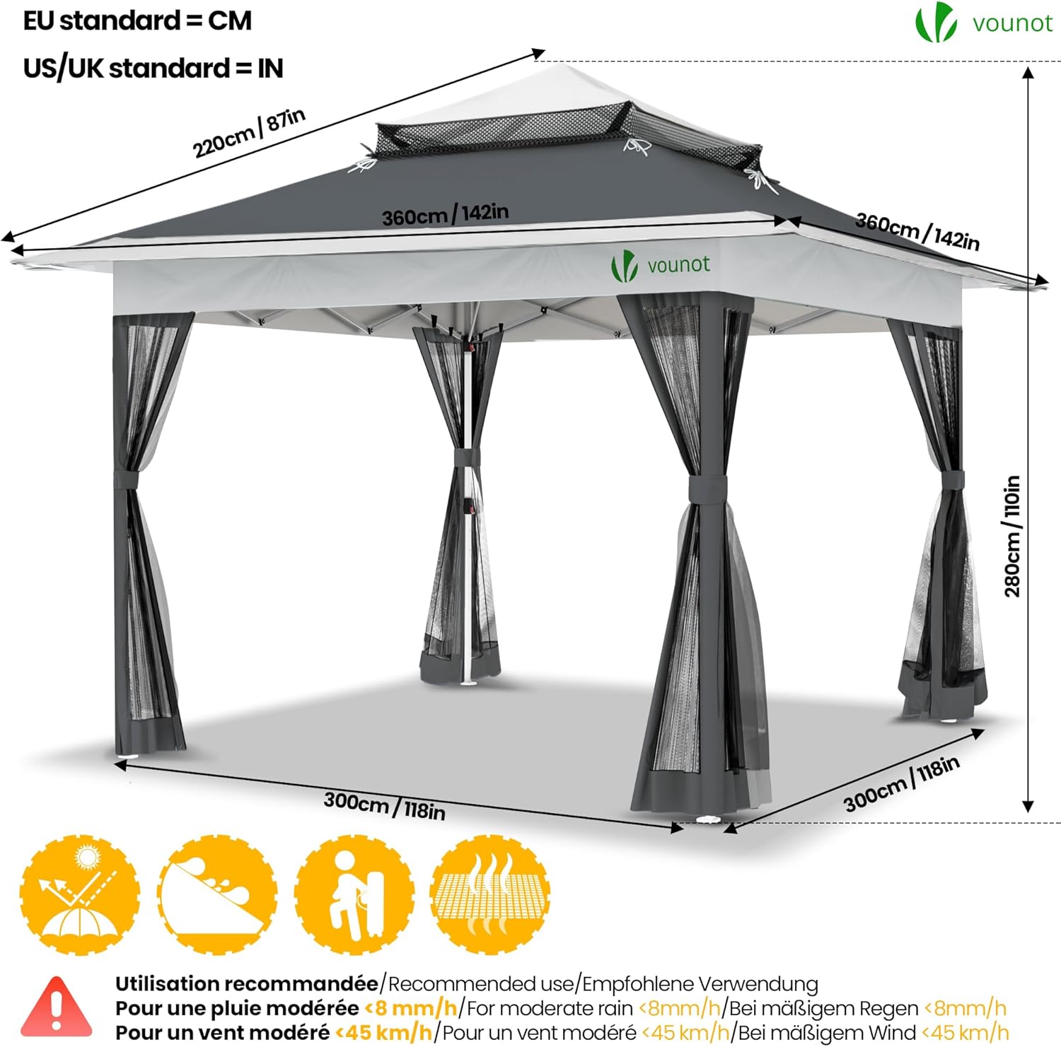 VOUNOT - tonnelle de jardin - 3.6x3.6m - moustiquaire, acier, toits doubles, anti-UV