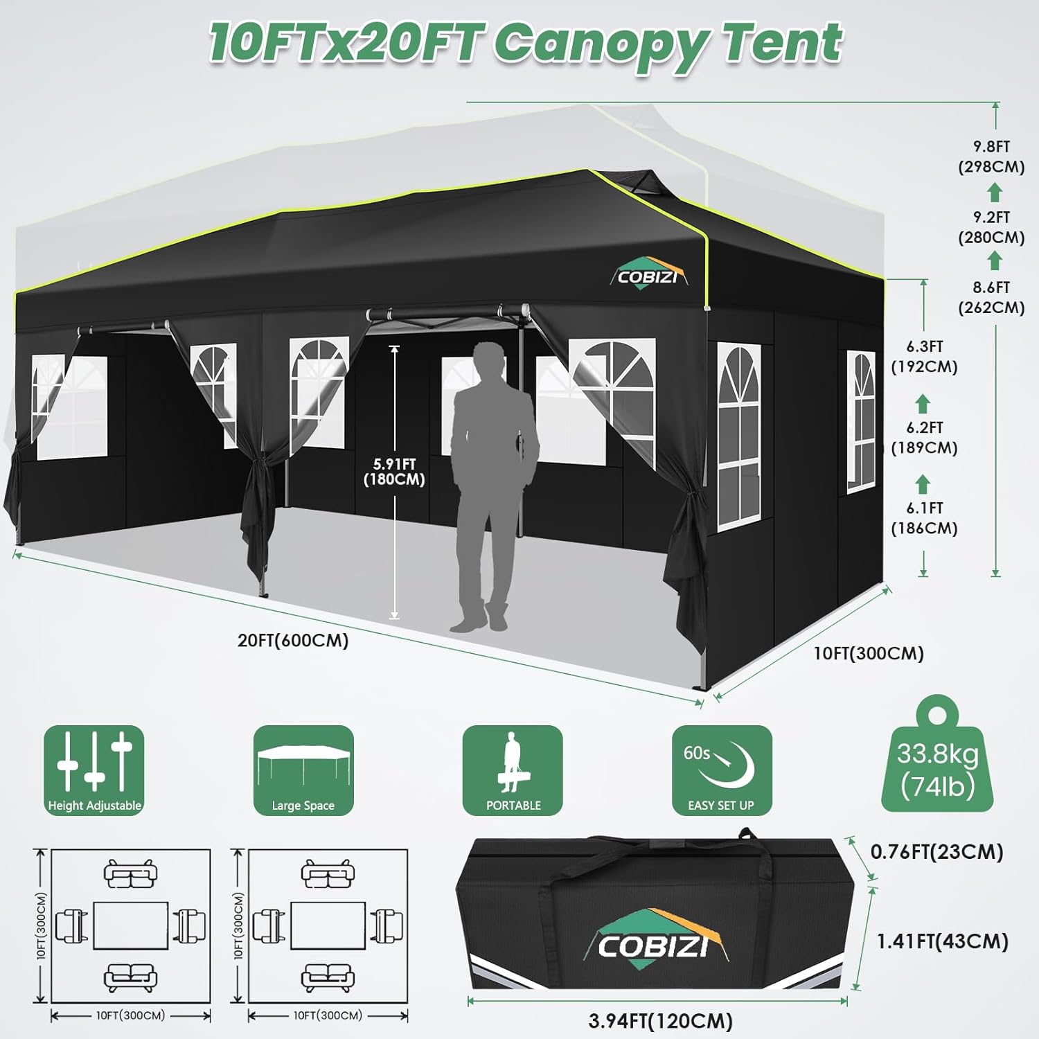 COBIZI - Tonnelle pliante série Barnum - 3x6m - imperméable, panneaux latéraux, anti-UV, ventilation