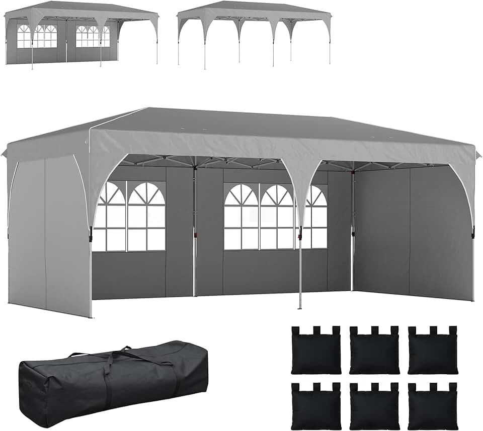 Outsunny - Tonnelle Pop Up 3x6m, imperméable, réglable, UV50+, sacs, gris