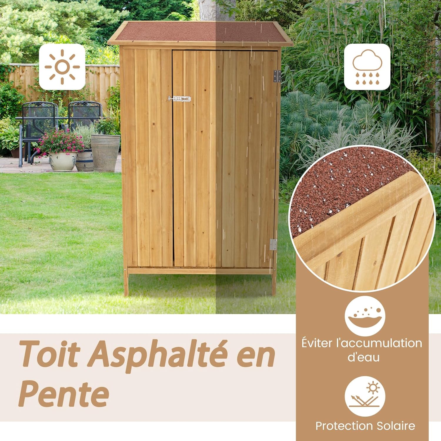 COSTWAY - armoire jardin bois - 3 étagères, toit asphalte, porte verrouillée