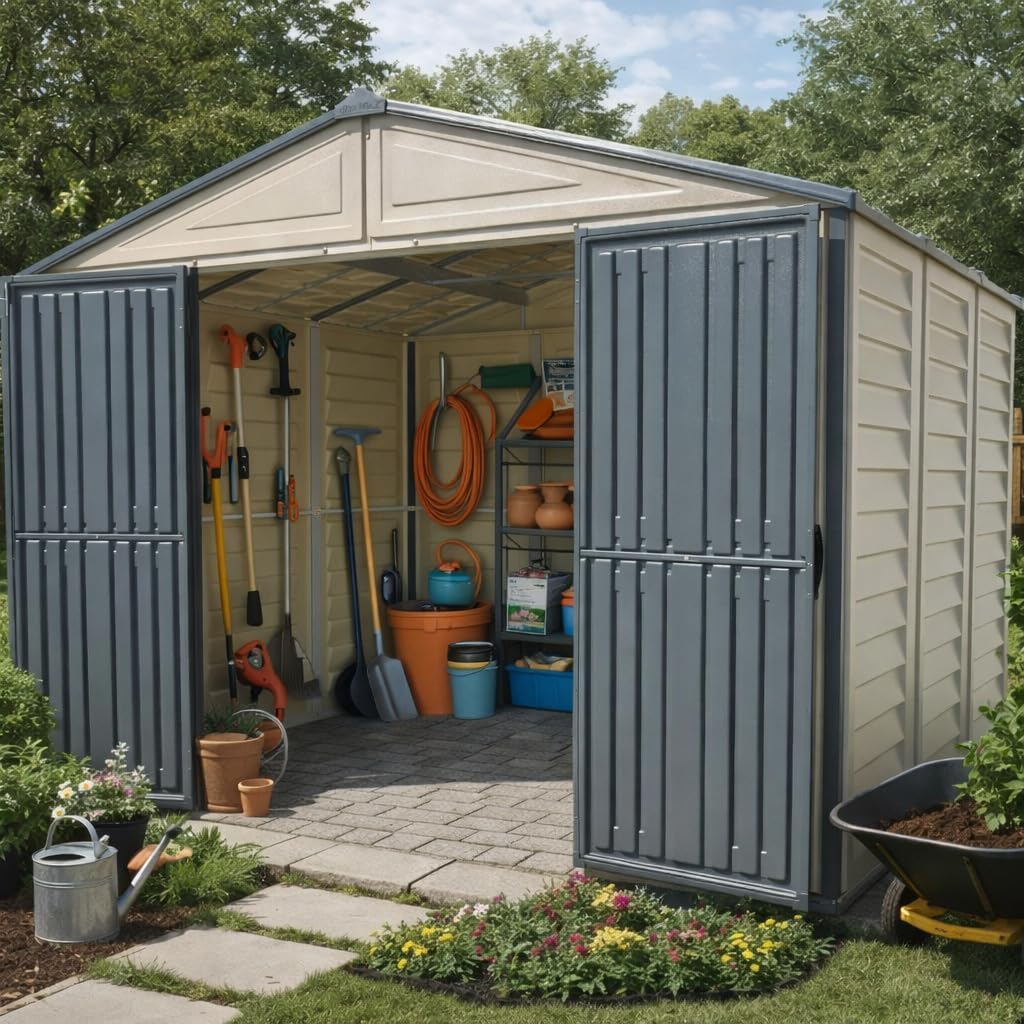 Abri de jardin Duramax WoodBridge II PLUS - 10.5 x 8 (7.64 m²) - Plastique, kit fondation, 2 fenêtres, toit métal, sans 