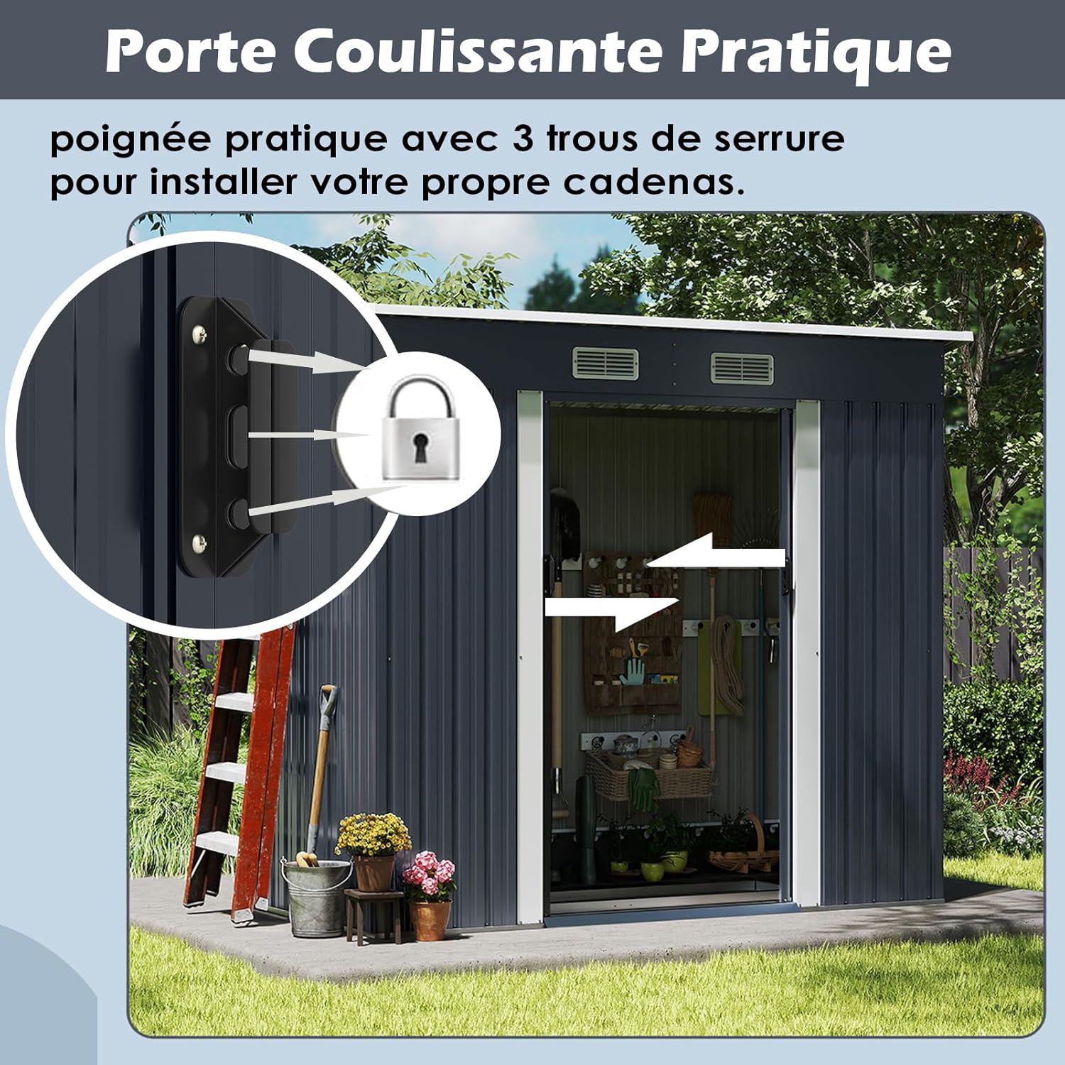 RELAX4LIFE Abri de Jardin en Métal 4m³ avec Toit Incliné, Porte Coulissante Verrouillable et Aérations, Cabane à Outils Extérieur pour Jardin, Cour, Pelouse, Patio, 213 x 112 x 186 CM