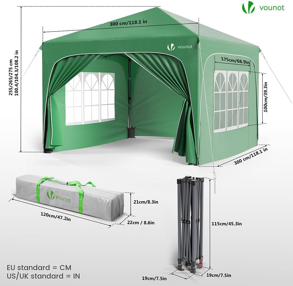 VOUNOT - tonnelle pliante série Jardin - 3x3m - imperméable, anti-UV, hauteur réglable, sac transport