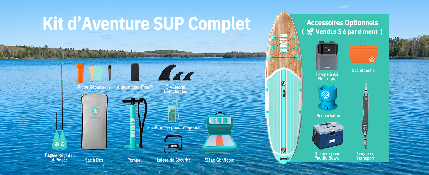 Le texte indique « Kit d'Aventure SUP Complet ». Vue aérienne du stand up paddleboard avec kit d'accessoires complet exposé sur l'eau, y compris la planche, la pagaie et l'équipement.