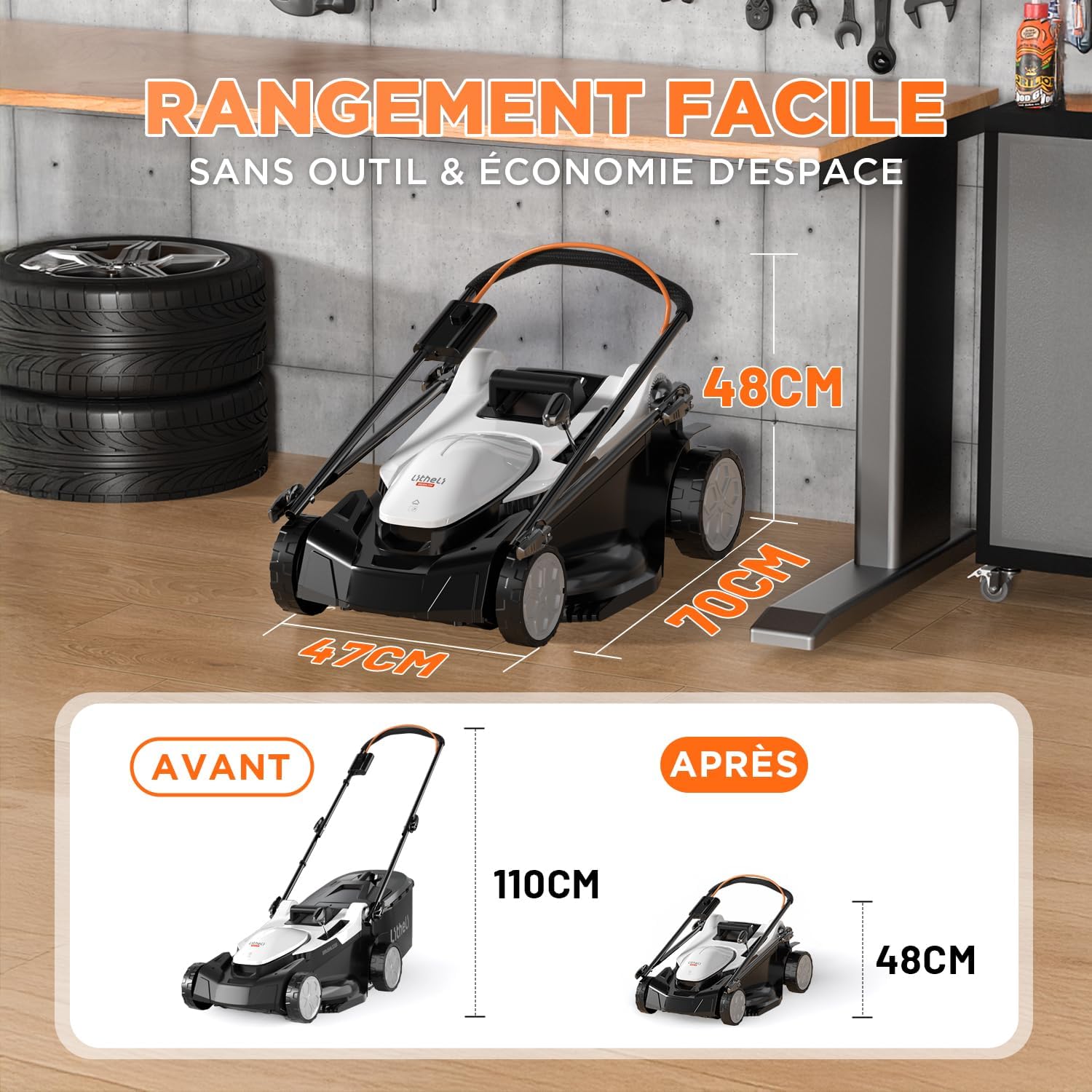 Litheli - Tondeuse Brushless 43cm, 2x20V/4.0Ah, réglable, bac 40L, jusqu'à 500m²