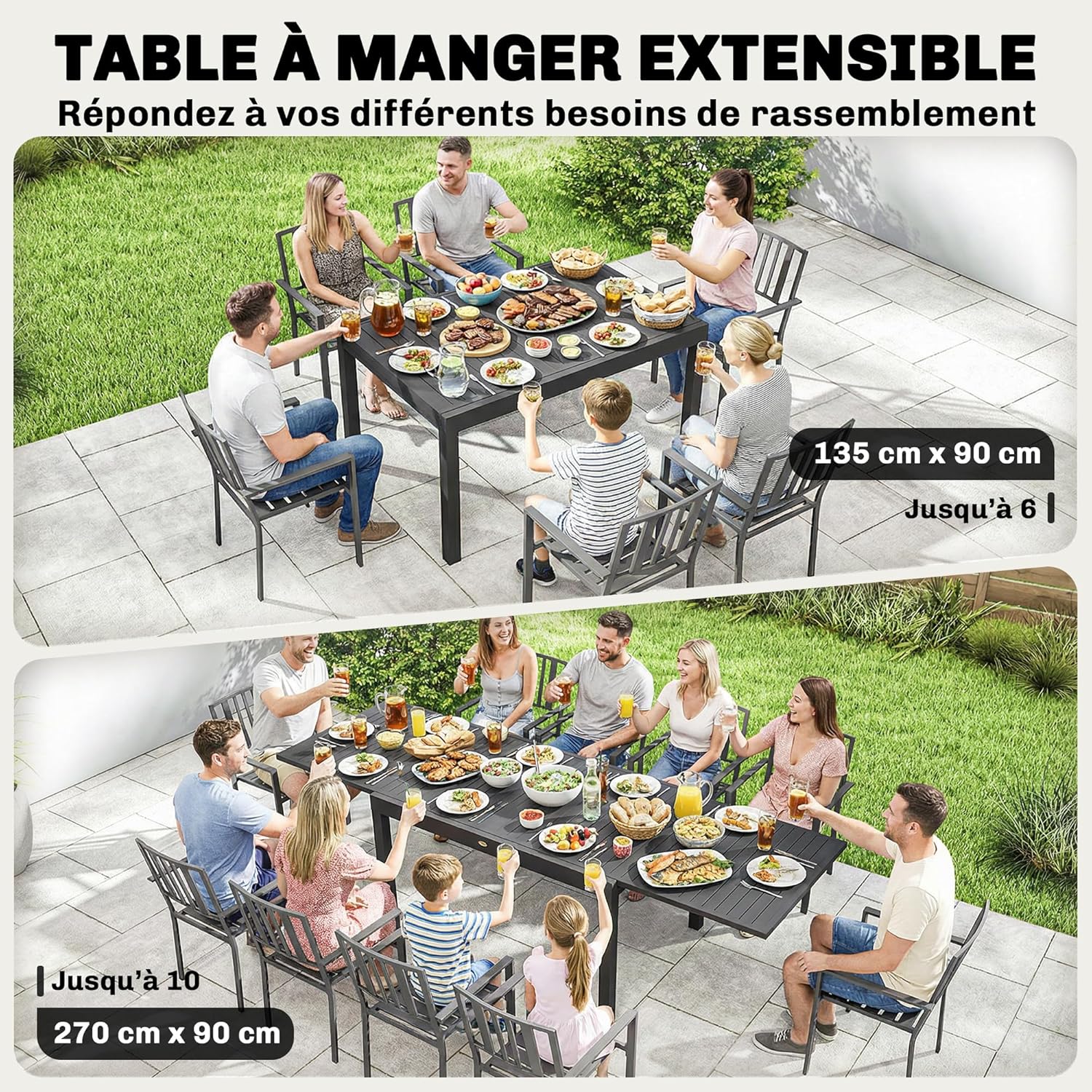 Outsunny - Table Jardin Extensible - 135-270cm - Aluminium, 6-10 pers.