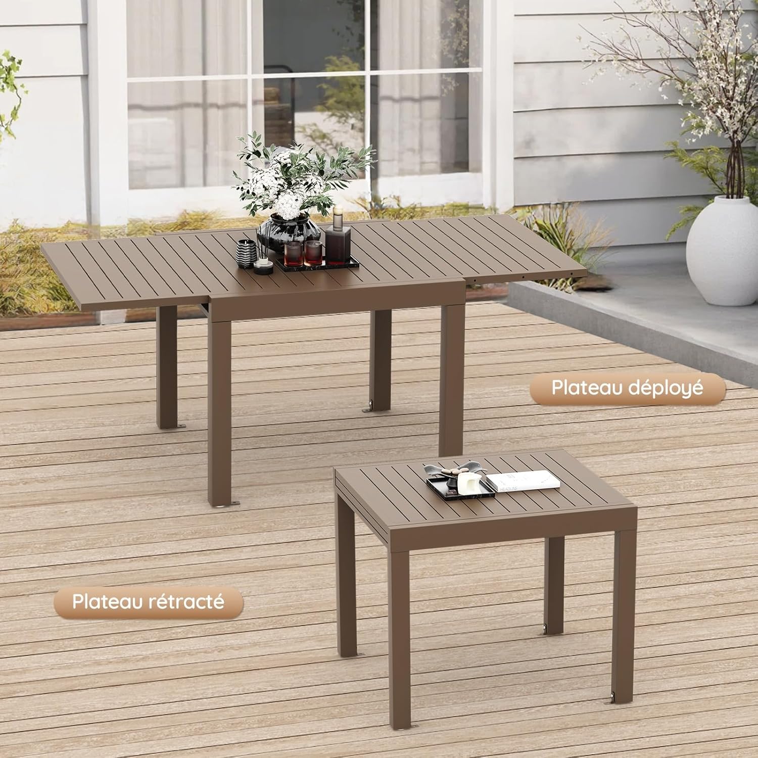 Devoko - Table de jardin extensible - 80/160x80x75 cm - aluminium marron, résistante intempéries