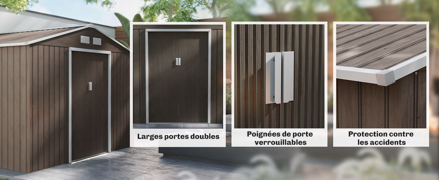 Le texte se lit comme suit : « Larges portes doubles », « Poignées de porte », « Protection contre ». Plusieurs vues de l'installation d'un cabanon ou d'une porte de garage en métal brun avec des composants de quincaillerie.