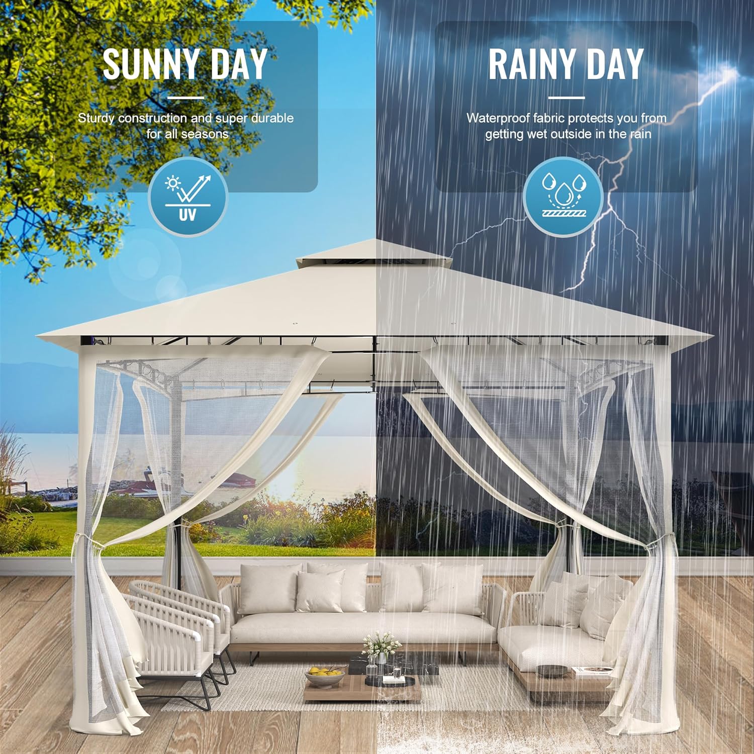 UDPATIO - tonnelle double toiture 3.4x3.4m, moustiquaire, métal solide, UDPATIO