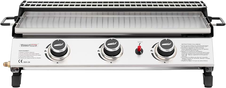 Royal Gourmet - Plancha gaz inox 3 brûleurs 61,5x32cm, 7,5kW, usage extérieur