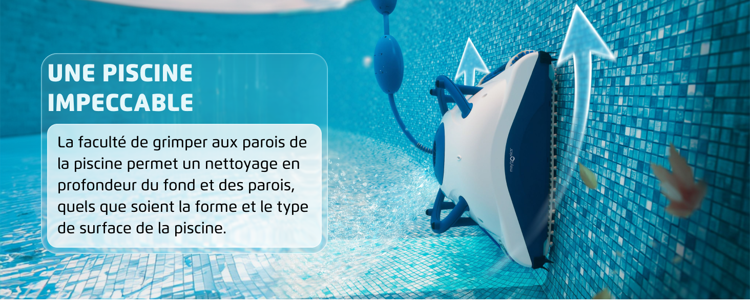 Le texte indique « UNE PISCINE IMPECCABLE » et un texte descriptif en français sur le nettoyage de la piscine. L'image montre un robot nettoyeur de piscine blanc dans de l'eau de piscine bleue avec un motif de carreaux géométriques.