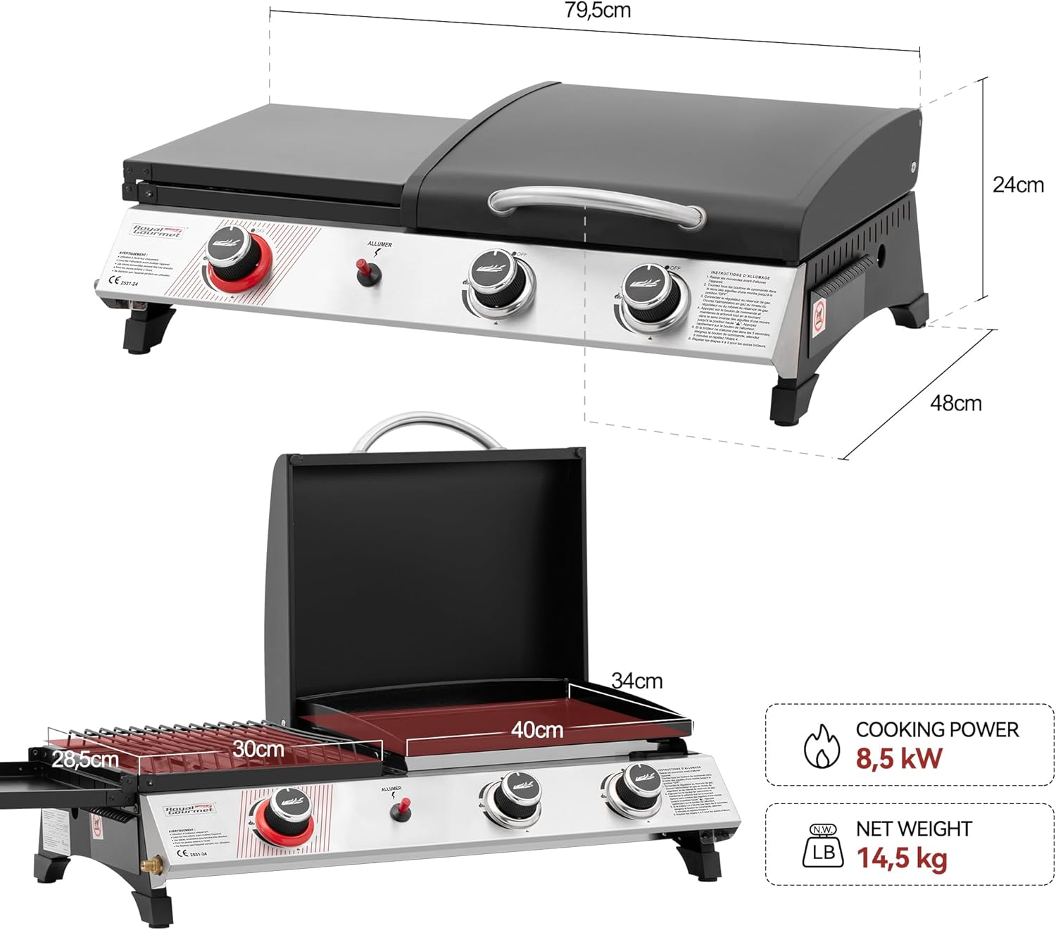 Royal Gourmet - barbecue gaz 3 brûleurs - 8,5kW - plancha, grille, couvercle multifonction