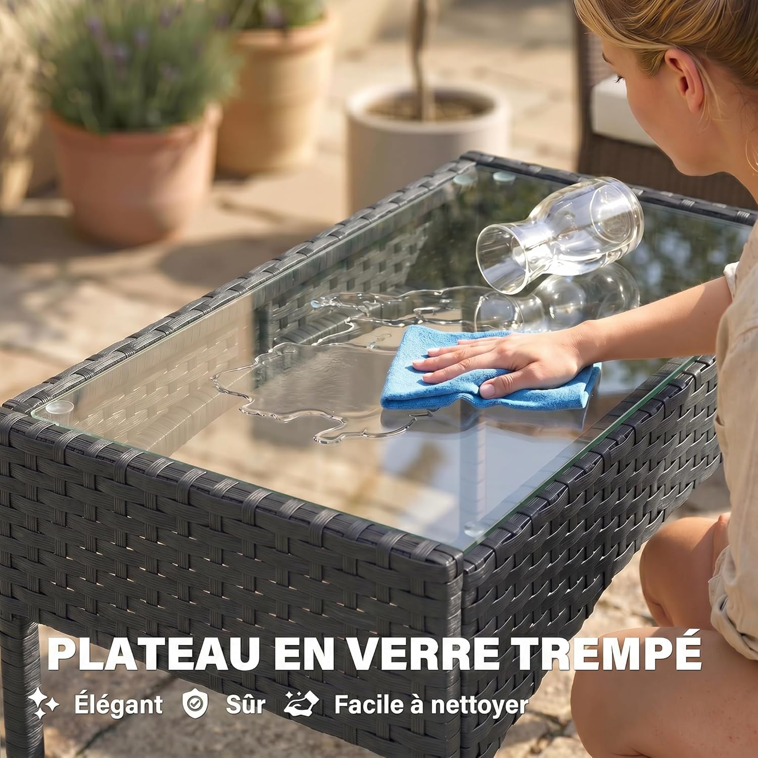 Outsunny - Salon de Jardin 4 pers - résine tressée, coussins, table verre, gris