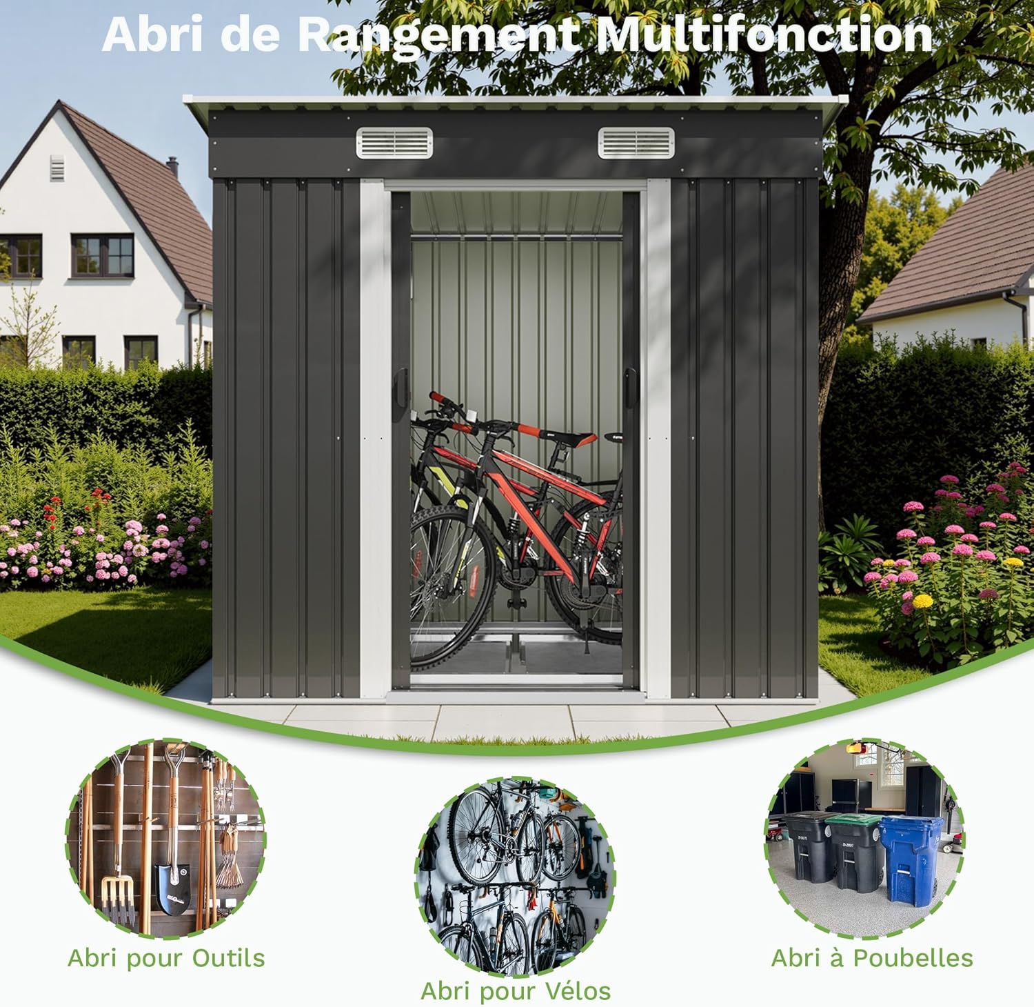 Devoko Abri de Jardin en métal 183x109x182cm avec Fondation, 3,6m³ Abri à Outils avec Toit en Pente et Porte coulissante, Extérieur, Résistant aux intempéries, Abri de Jardin pour vélo, terrasse