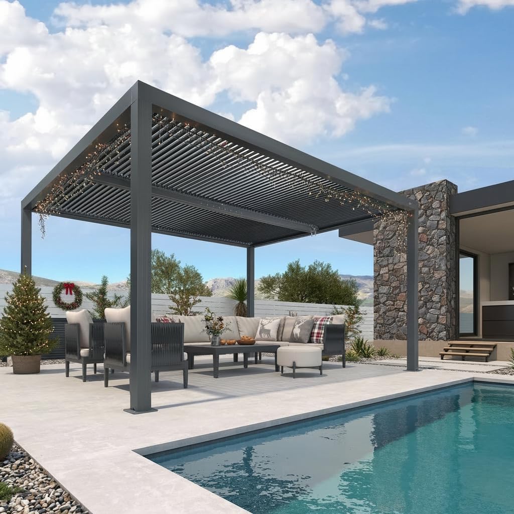 PURPLE LEAF - Pergola Bioclimatique - 4,24 x 3,3 m - Aluminium, lames orientables, commande indépendante, gris