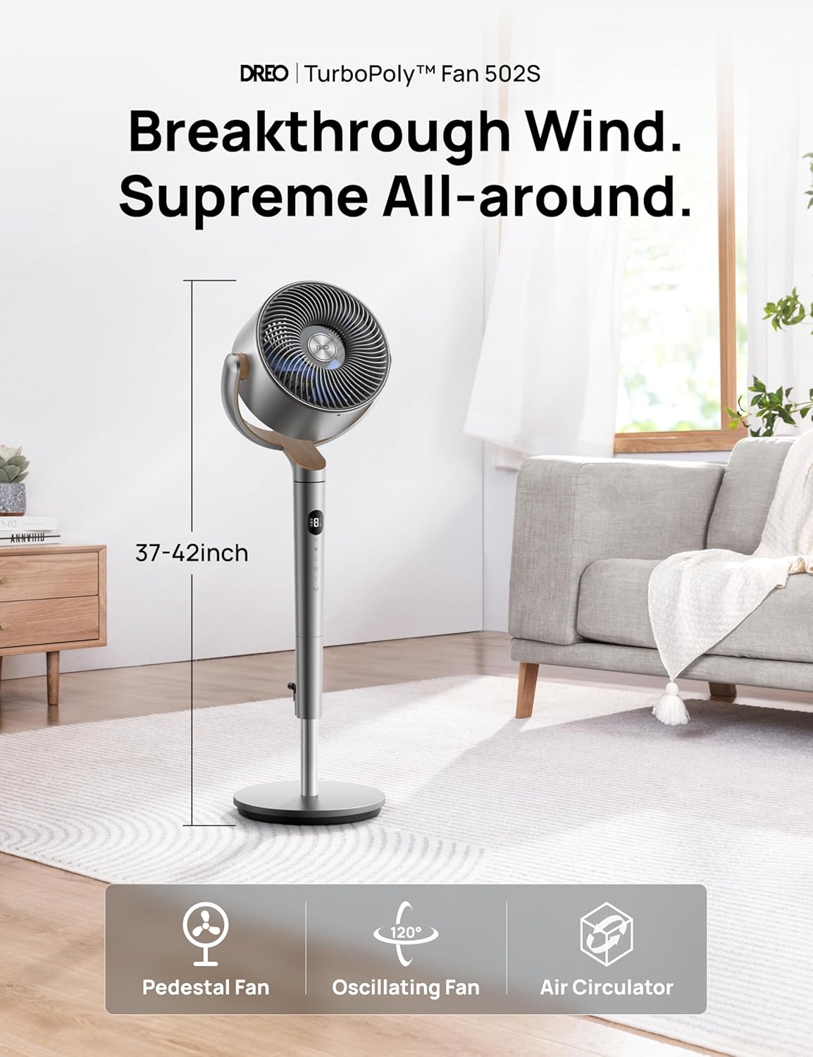 DREO 20 dB Smart Ventilateur Silencieux sur Pied, Oscillation à 120° + 120°, Ventilateurs Puissants avec Télécommande, Portée de 24 m, 6 Modes, 8 Vitesses, Minuterie de 12 h, Compatible avec Alexa