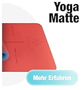 Le texte indique « Yoga Mate » et « Mehr Erfahren ». Image du produit du tapis de yoga rouge avec un élément de bouton turquoise dans le coin.
