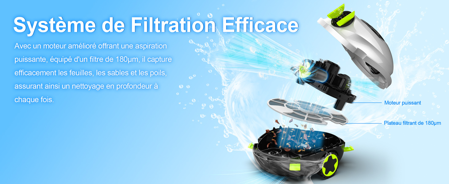 Le texte indique « Système de filtration efficace ». Image du produit montrant un aspirateur robotique avec des composants du système de filtration et des gouttelettes d'eau sur fond bleu.