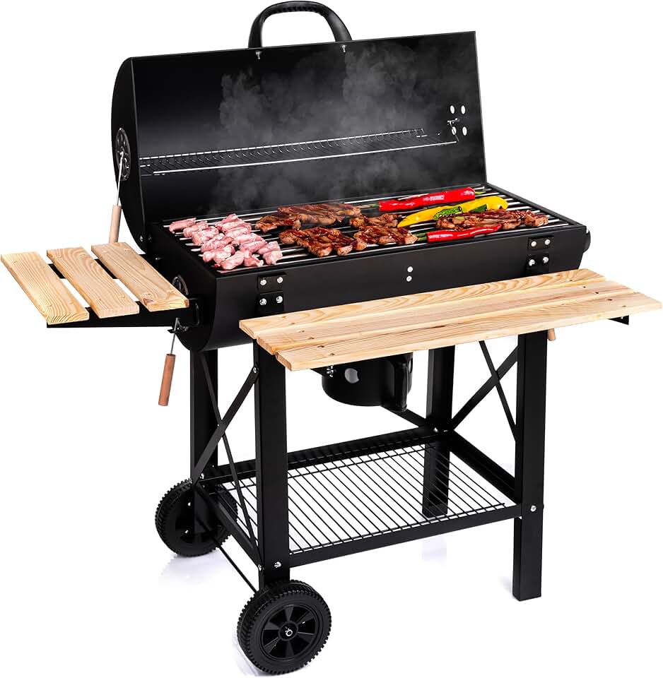 LEHMANN - Barbecue XL avec couvercle, étagères bois, roulettes, 69207