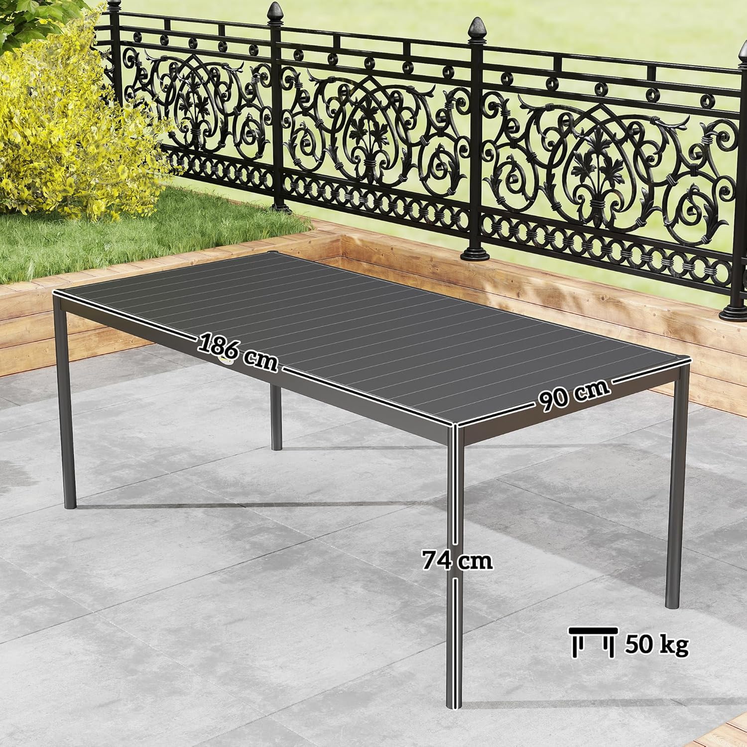 Outsunny - Table de jardin 8 personnes - acier, plateau lattes, anti-rouille, gris foncé