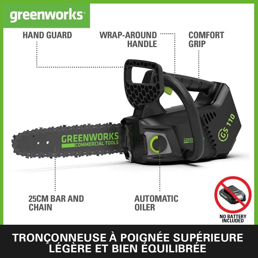 Greenworks GD40TCS Tronçonneuse à Batterie Top Poignée Moteur Sans Balais, Longueur Guide-Chaîne 10 Pouces (25 cm), Vitesse de Chaîne 12m/s, 2,4kg, Anti-rebond, SANS Batterie 40V Ni Chargeur