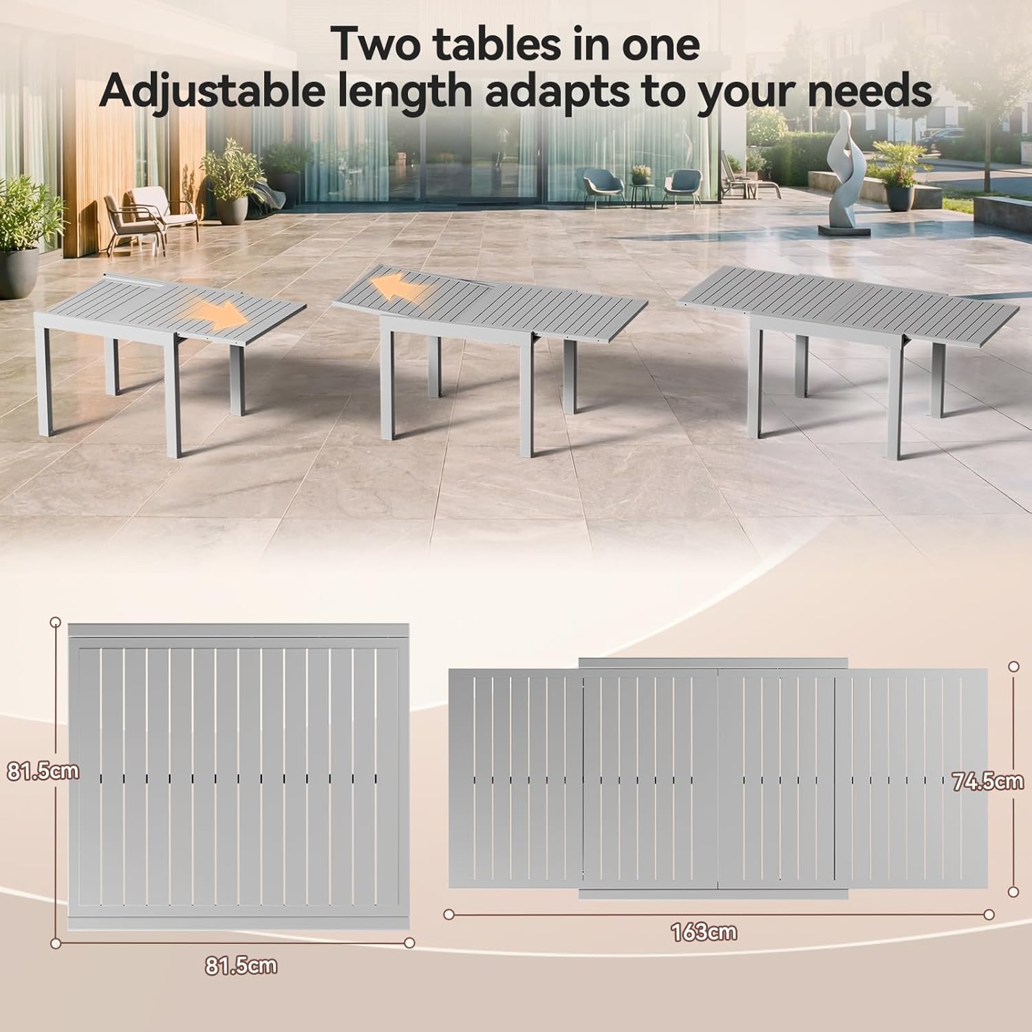 JUMMICO - Table extensible 163x80 cm - aluminium antirouille, 6-10 pers, résistante intempéries