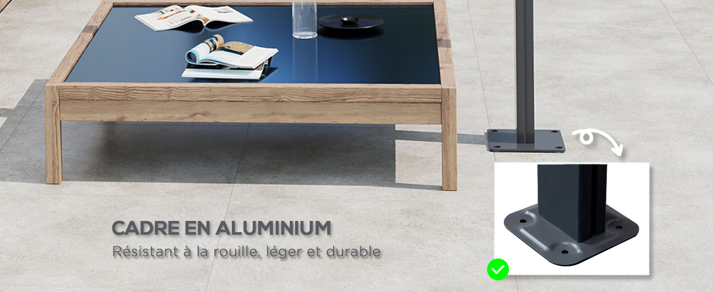 avec plateau bleu et structure en bois. Le texte indique la construction du cadre en aluminium, mettant l'accent sur la durabilité et la légèreté.