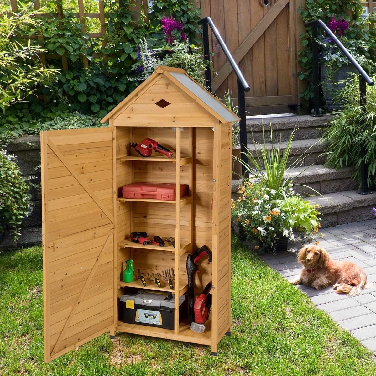 RELAX4LIFE Abri de Jardin en Bois de Sapin avec Porte Verrouillable, Toit Galvanisée,5 Étagères et Compartiment, Cabanon Jardin Extérieur