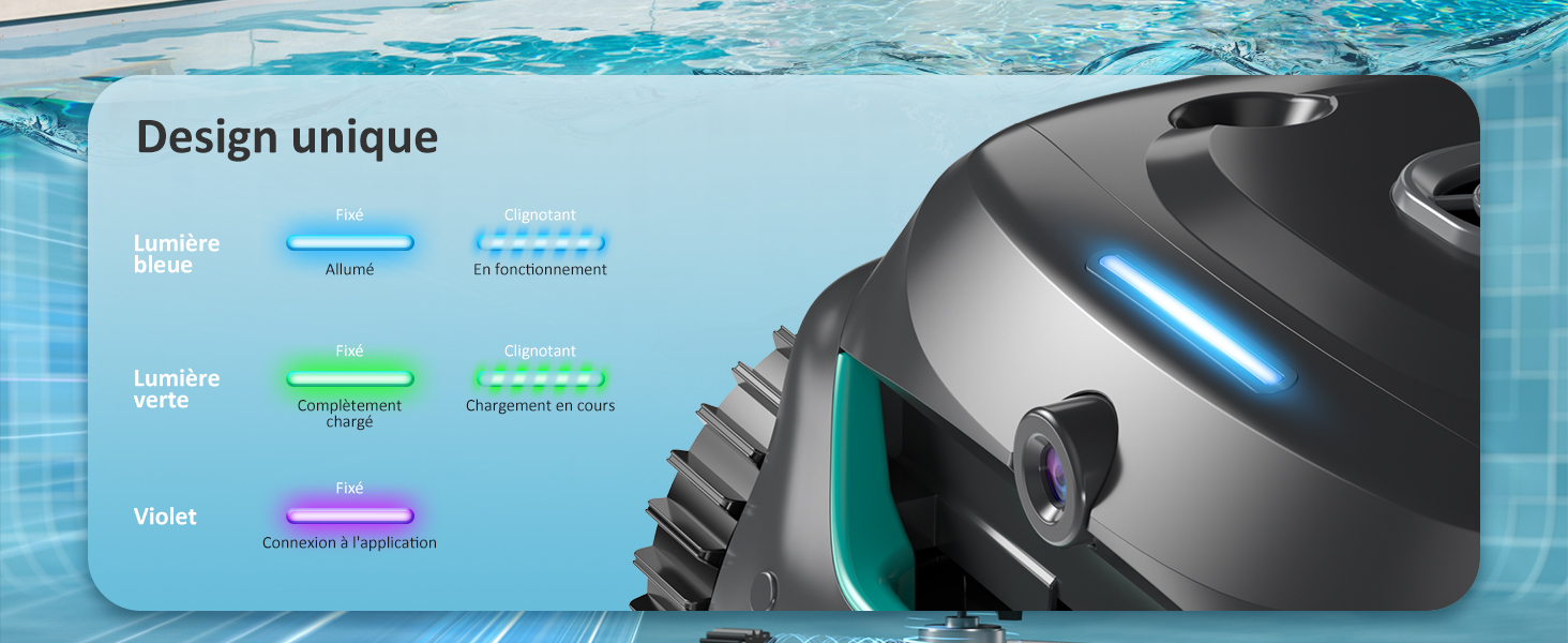 avec lumière LED bleue. Dispose de plusieurs modes de nettoyage : Bleu Lumière, Vert Lumière et Violet. Design noir élégant avec des touches bleu sarcelle et une caméra ou un capteur visible.
