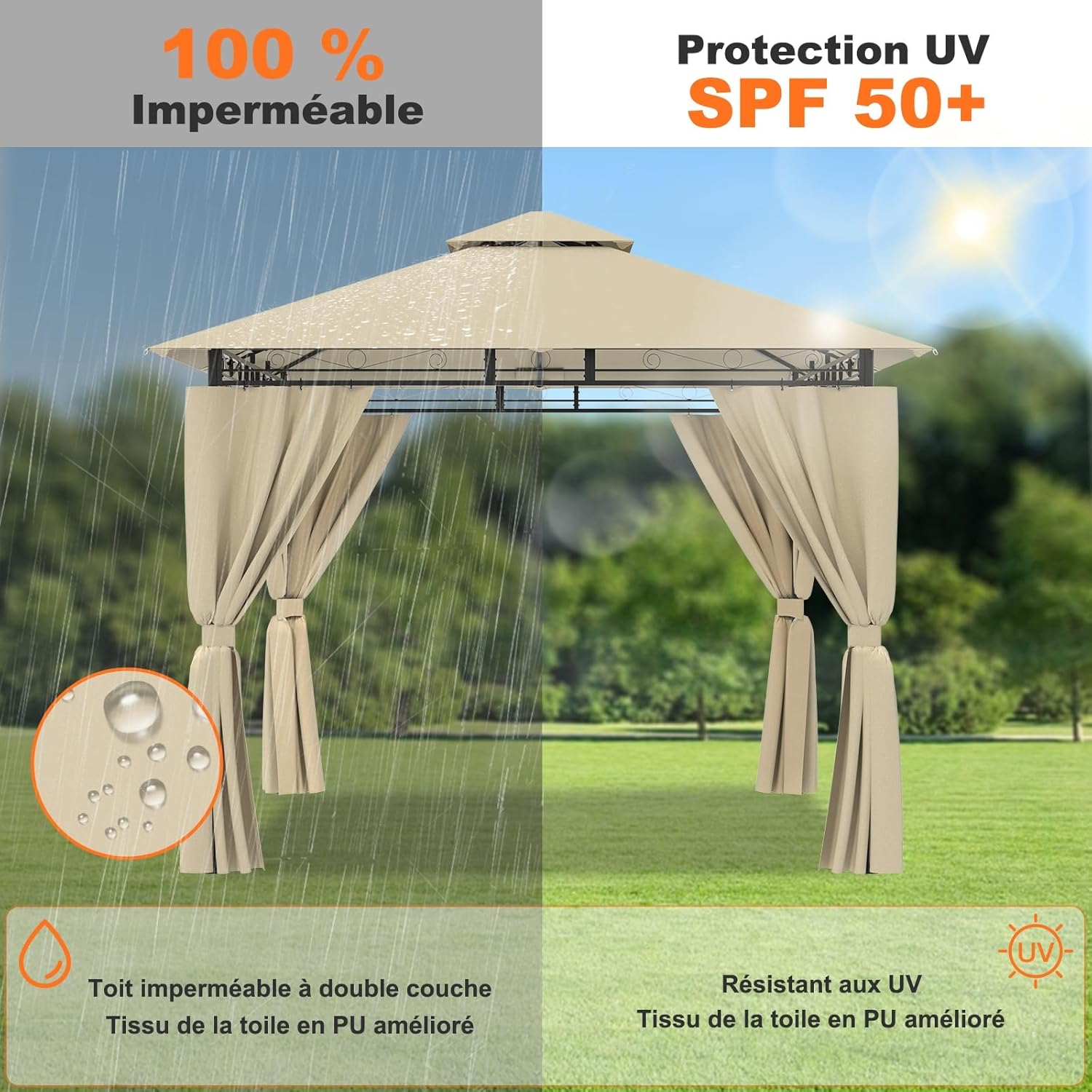 Devoko - Tonnelle Deluxe - 3x3m - imperméable, cadre métal, 4-6 pers.
