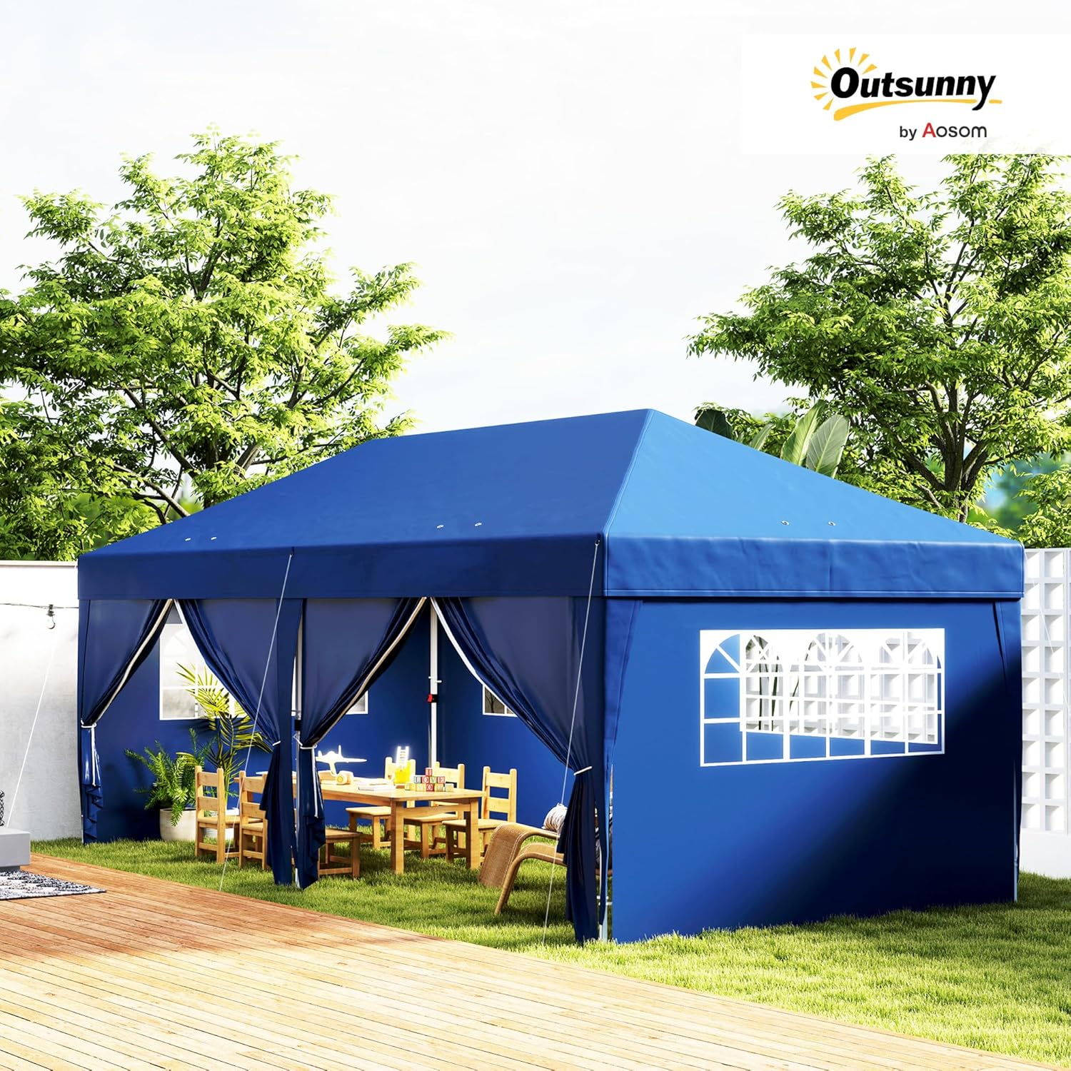 Outsunny Tonnelle de Jardin Exterieur tonnelle Pliante 3 x 6 m Pop-up avec 6 parois latérales, Trous de Drainage, Sac de Transport Inclus, Barnum Pliant pour Camping Festival Mariage, Bleu