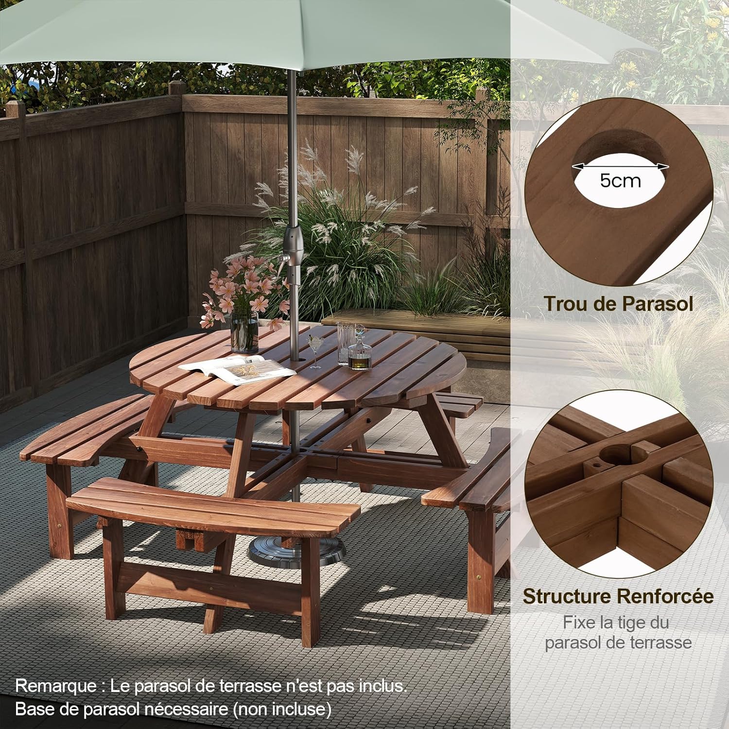 GOPLUS - Table pique-nique ronde 8 places - 4 bancs intégrés, parasol 5cm, marron, 100+250kg