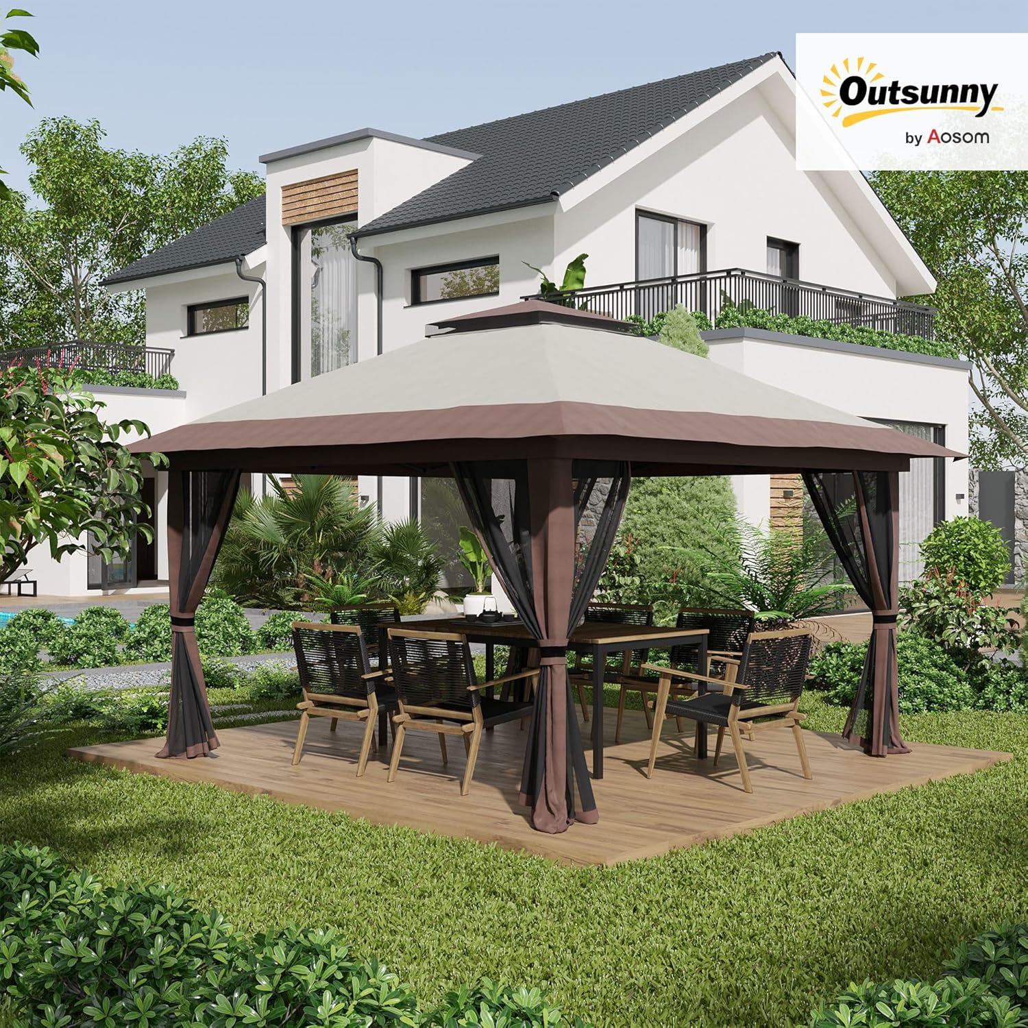 Outsunny - Tonnelle pop-up 4x4 m, double toit, moustiquaires, UV50+