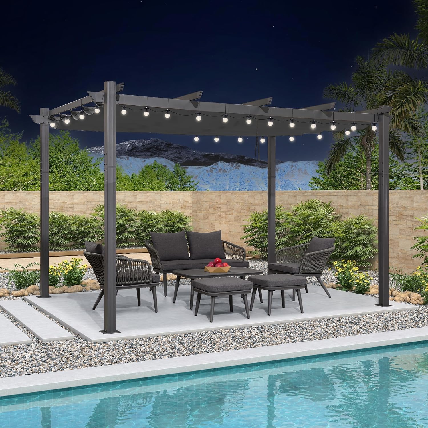 PURPLE LEAF - Pergola LED série - 4x3 m - aluminium, toit rétractable, tissu teinté
