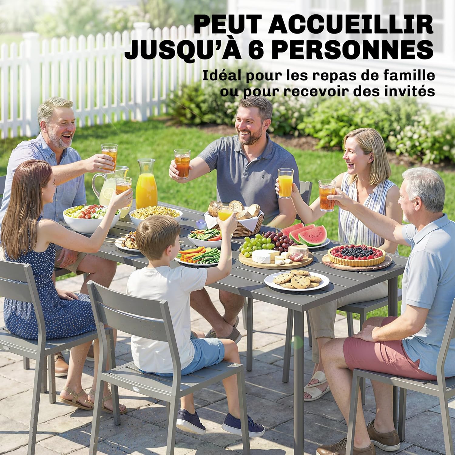 Outsunny - Table jardin série 6 pers - 165x80 cm - métal lattes, extérieur
