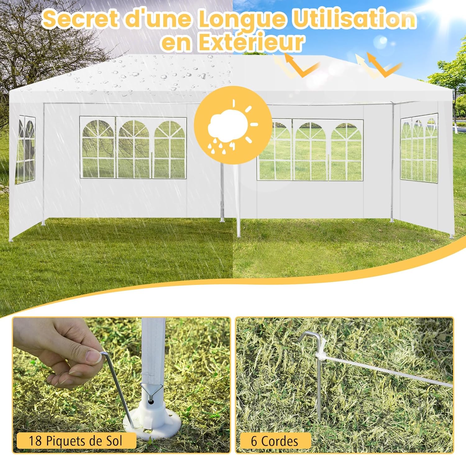 COSTWAY - Tonnelle de Jardin 3x6m avec 4 Murs Amovibles et Fenêtre - Piquets solides, Sac inclus, idéale fêtes et BBQ - 