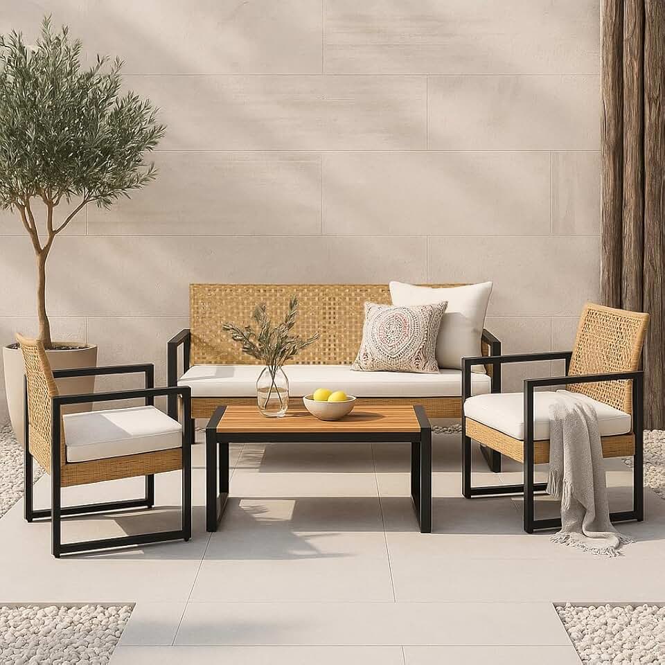 casa.pro - Salon de jardin 4 pièces, acier/acacia, 2 chaises + banc, beige/naturel