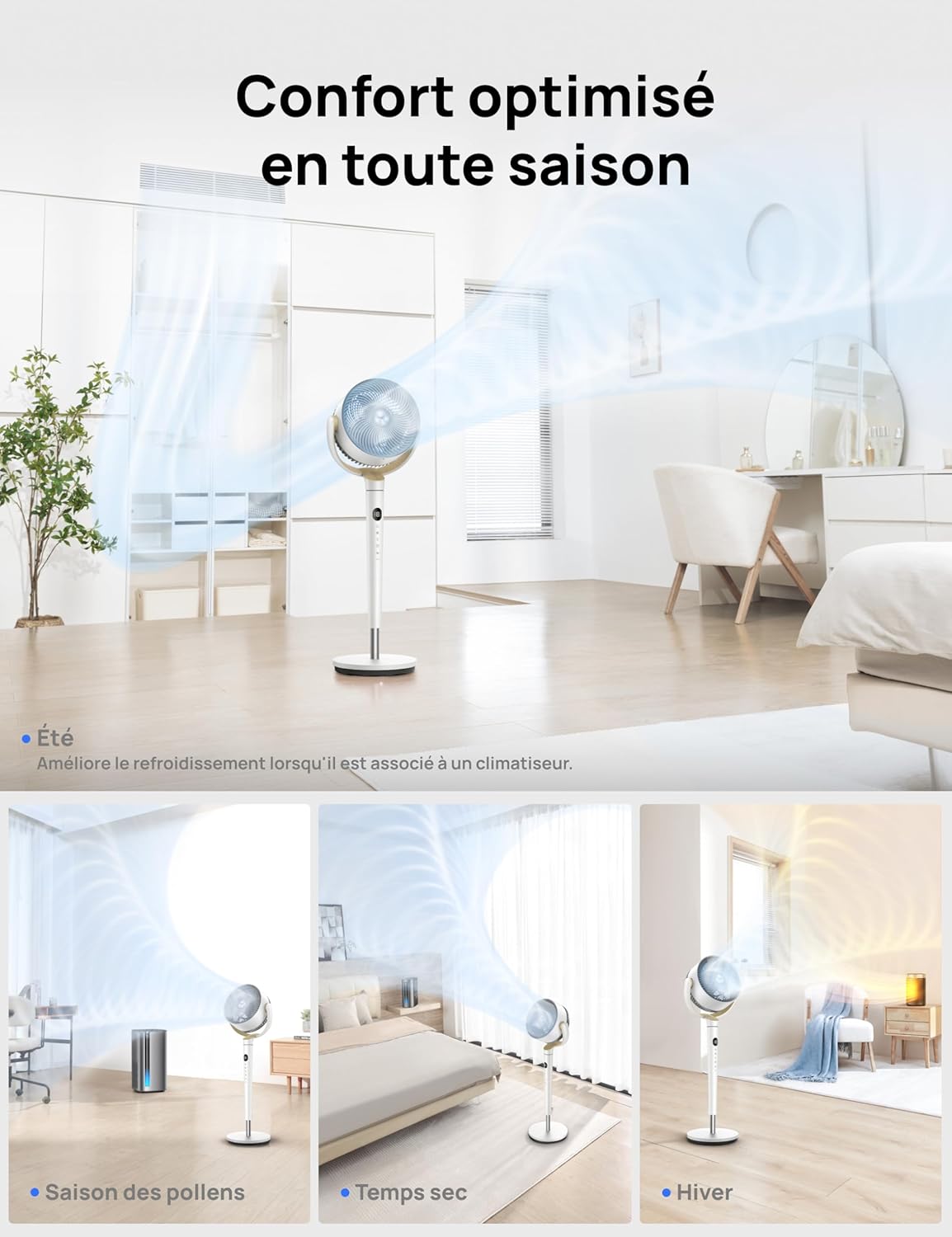 DREO Ventilateur de pièce, ventilateur oscillant 120°+120°, moteur DC, circulation d’air jusqu’à 30 m pour toute la pièce, 9 vitesses, 4 modes, ventilateur sur pied silencieux, 20 dB.