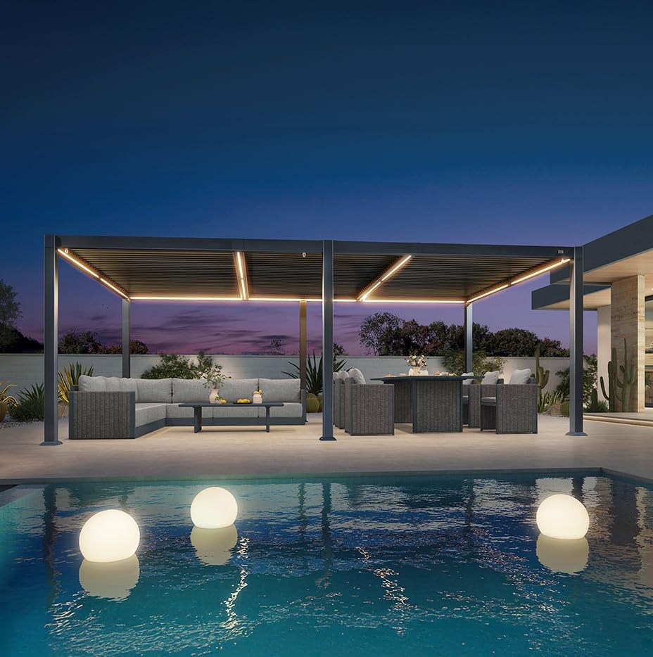 PURPLE LEAF - pergola bioclimatique - 3,5x6,35m - lames LED alu gris