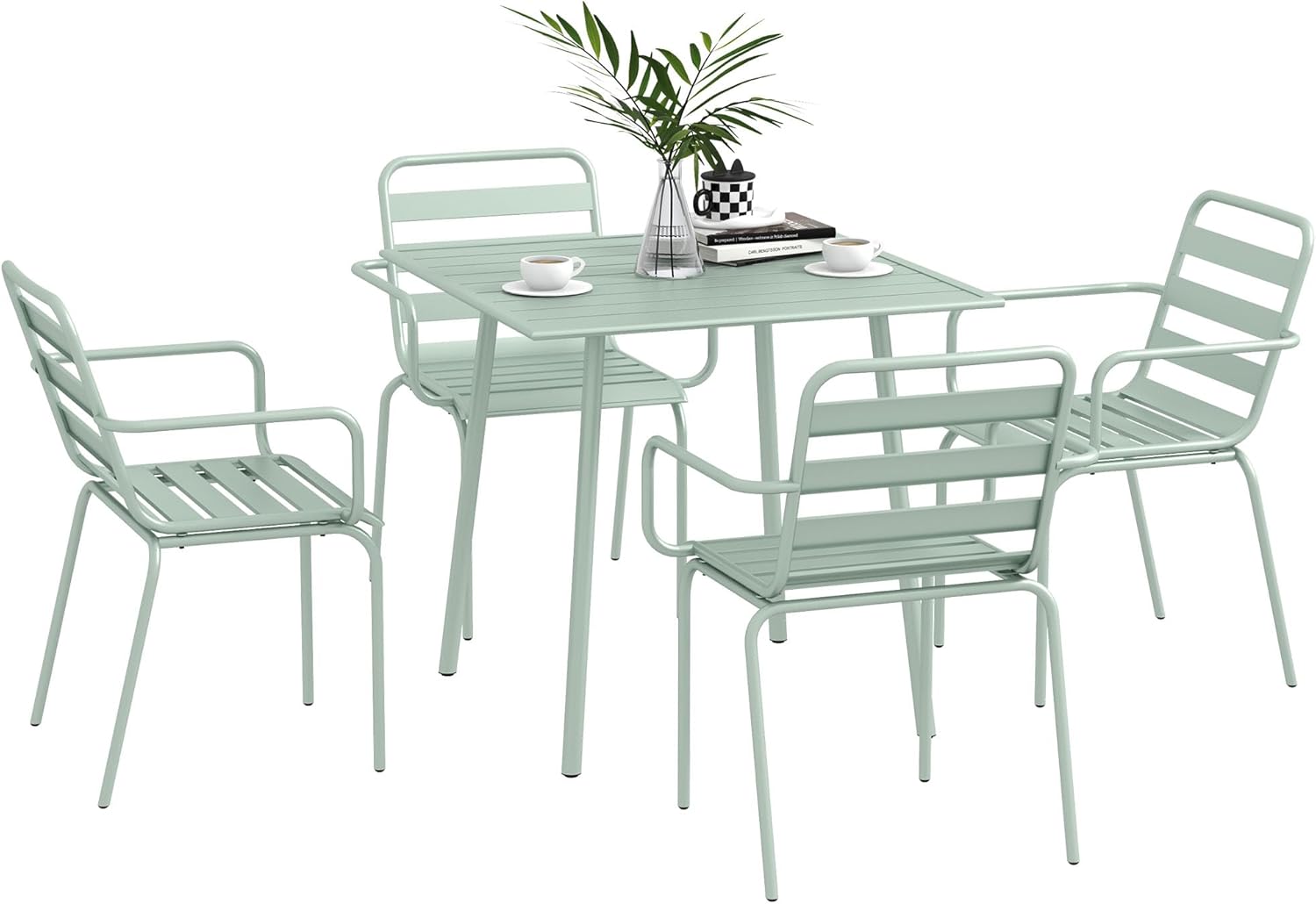 Outsunny - Salon de jardin 5 pièces - table + 4 chaises acier vert clair - chaises empilables