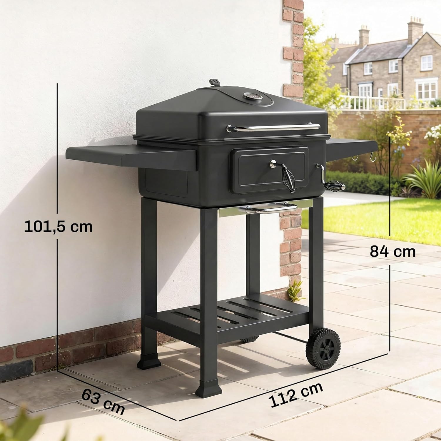 Outsunny - Barbecue XXL 112 cm - fumoir, thermomètre, chariot, couvercle