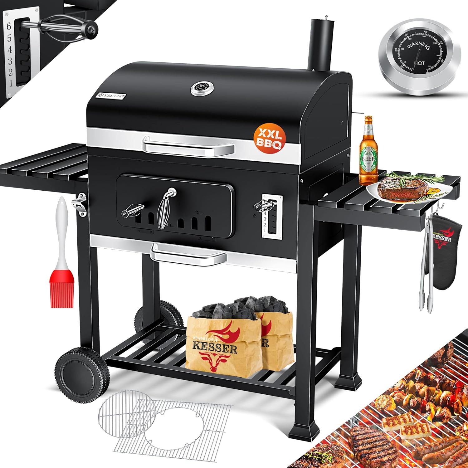 KESSER - Chariot à Barbecue XXL - grill charbon, couvercle, roues, inox, thermomètre