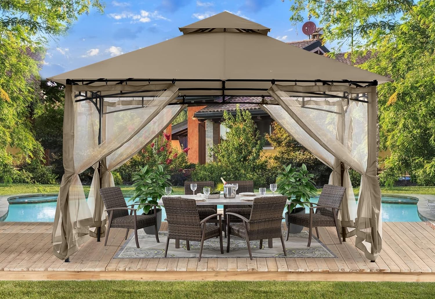 ABCCANOPY - Pavillon terrasse série double toit - 3,35x3,35m - Filet ombrage, résistant pluie, coloris kaki