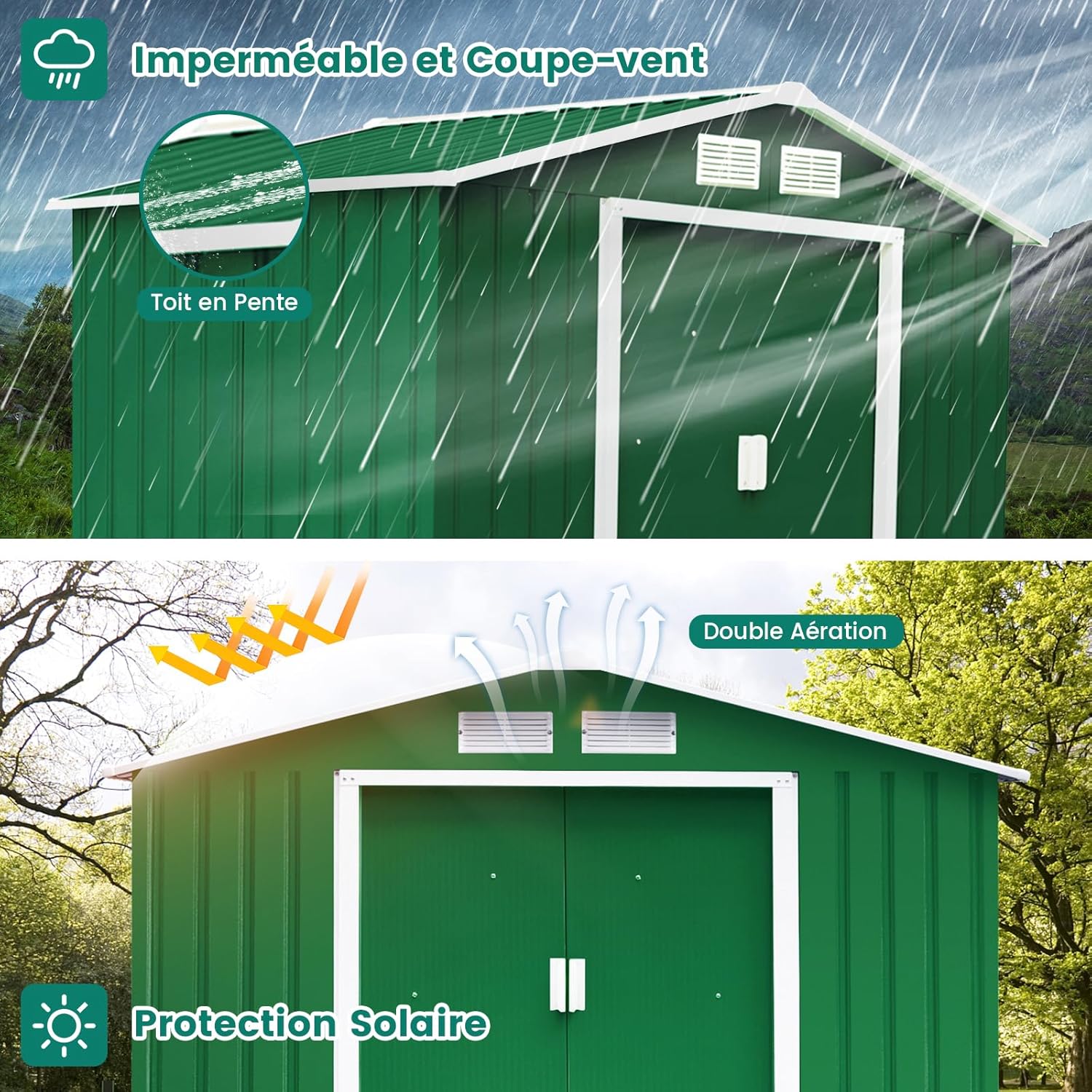 COSTWAY Abri de Jardin Métal Extérieur 2.7㎡ Acier Galvanisé avec Fondation, Toit Penché, 4 Persiennes, Double Porte Coulissante, Cabane Jardin Exterieur avec Rampe, pour Vélo, Poubelle, 213x127x185CM