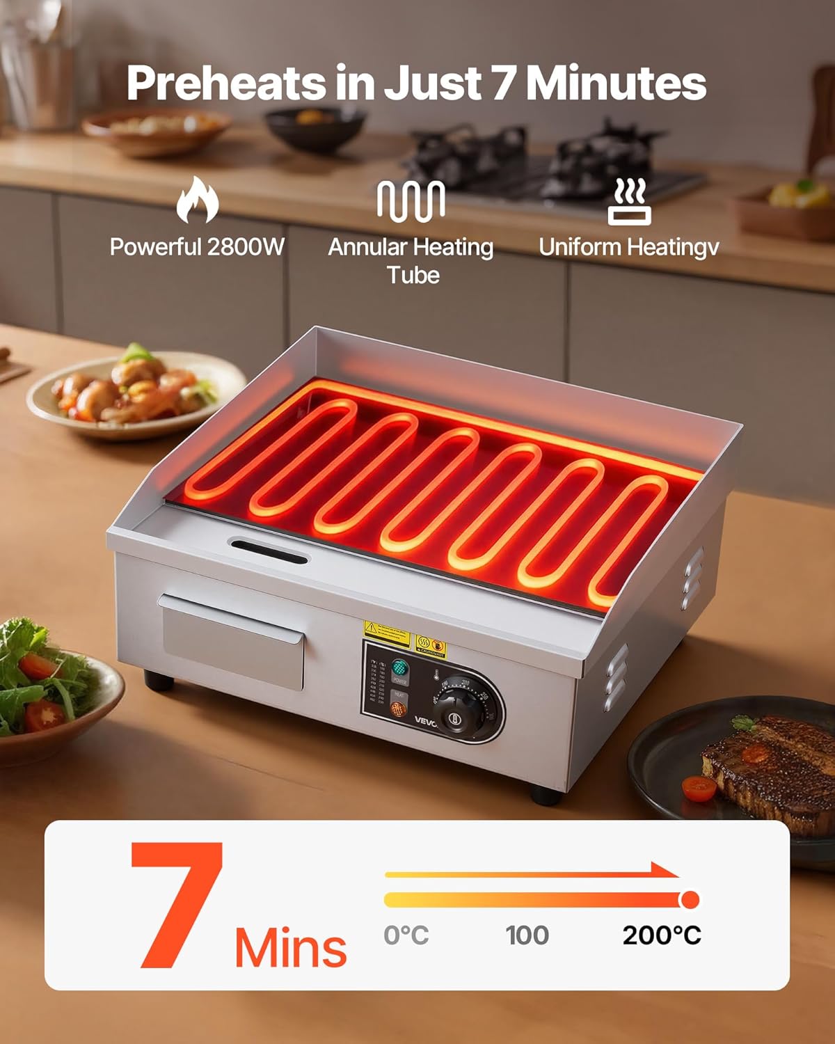 VEVOR - plancha électrique 2800W - 45x30cm - température réglable, accessoires inclus